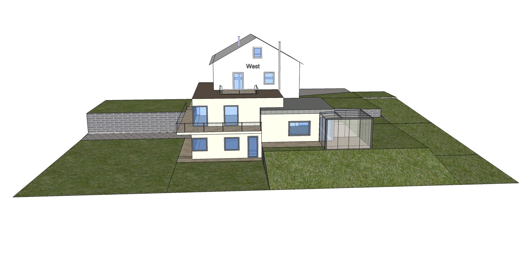 Mehrstöckiges Haus mit Terrasse, Balkon, Glas-Wintergarten und umliegendem Garten.