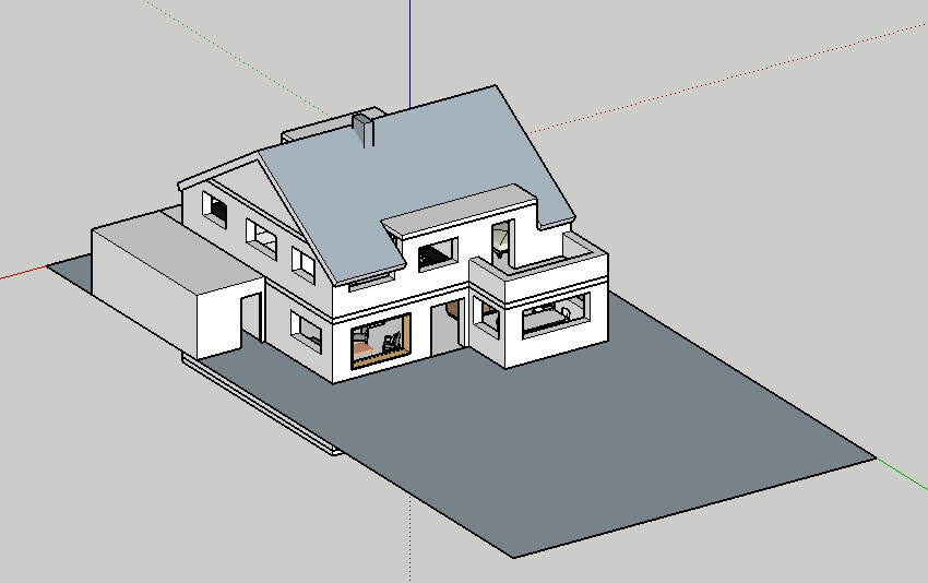 3D-Modell eines modernen zweigeschossigen Hauses mit grauem Dach, Anbau und großer Hoffläche.