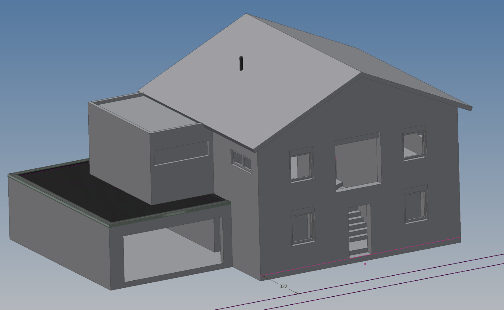 3D-Modell eines grauen, zweistöckigen Hauses mit Satteldach und angebaute Garage; mehrere Fenster.