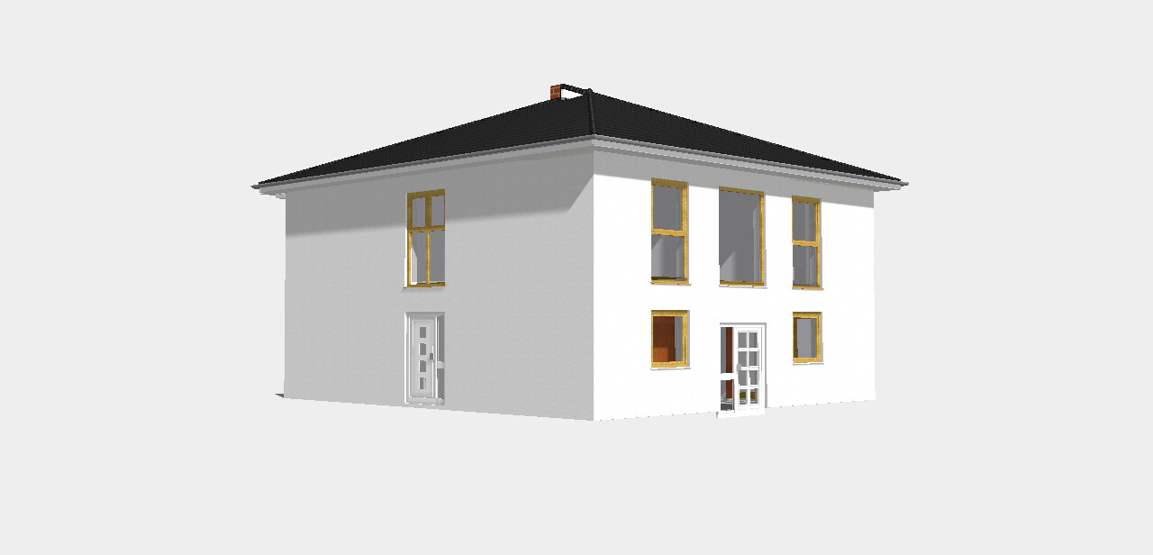 3D-Modell eines zweistöckigen weißen Hauses mit dunklem Dach, goldenen Fensterrahmen und zwei Türen.