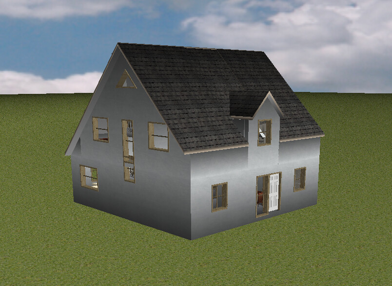 3D-Render eines grauen Hauses mit dunklem Dach, vielen Fenstern und offener Tür auf Gras.