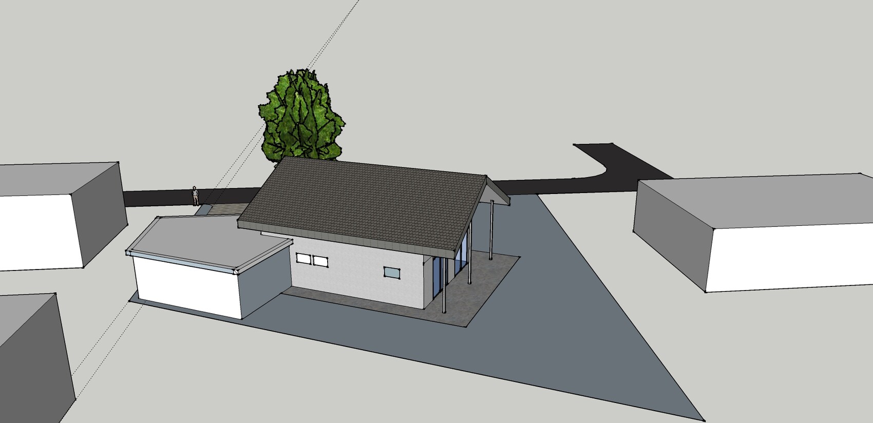 3D-Visualisierung eines Einfamilienhauses mit geneigtem Dach und umliegender Straße