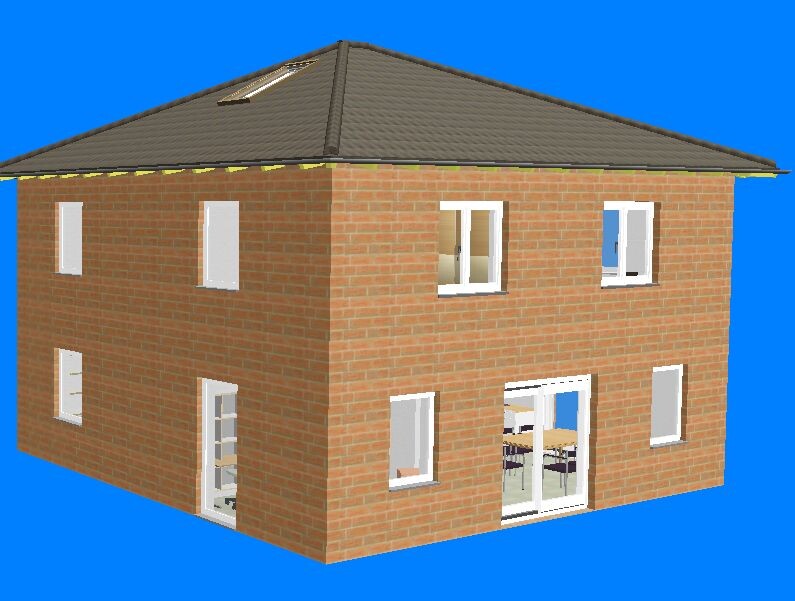 3D-Modell eines zweistöckigen roten Backsteinhauses mit Dach und Fenstern