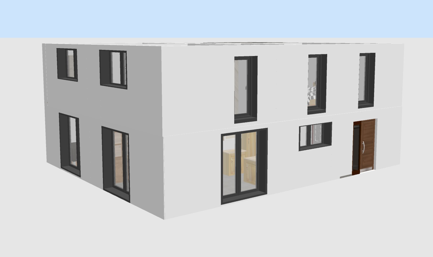 Draufsicht 3D-Hausmodell: zweigeschossiges Gebäude mit Fensterfronten und Eingangstür