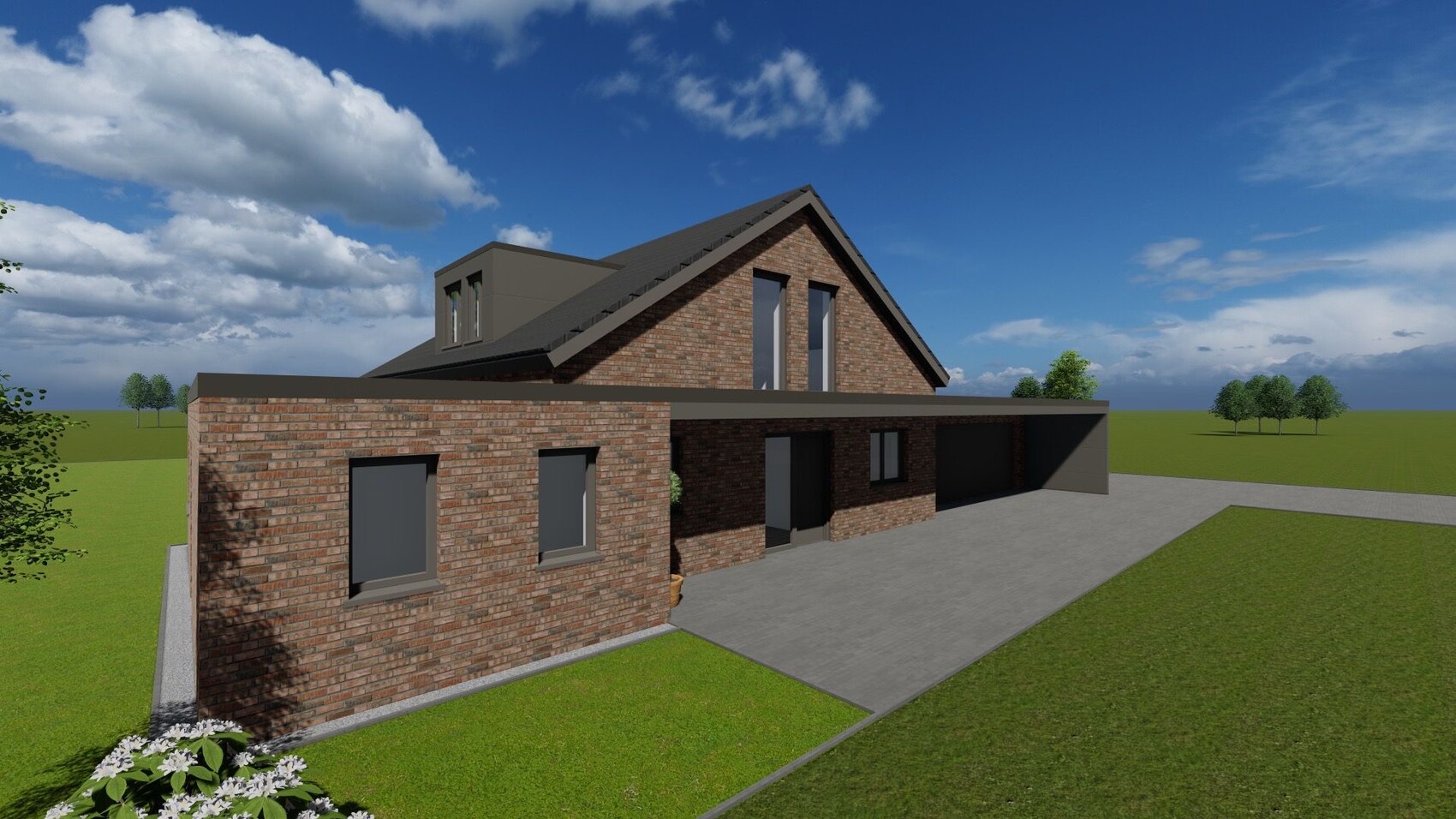 3D-Rendering eines modernen Backstein-Hauses mit Garage und Flachdach-Erweiterung
