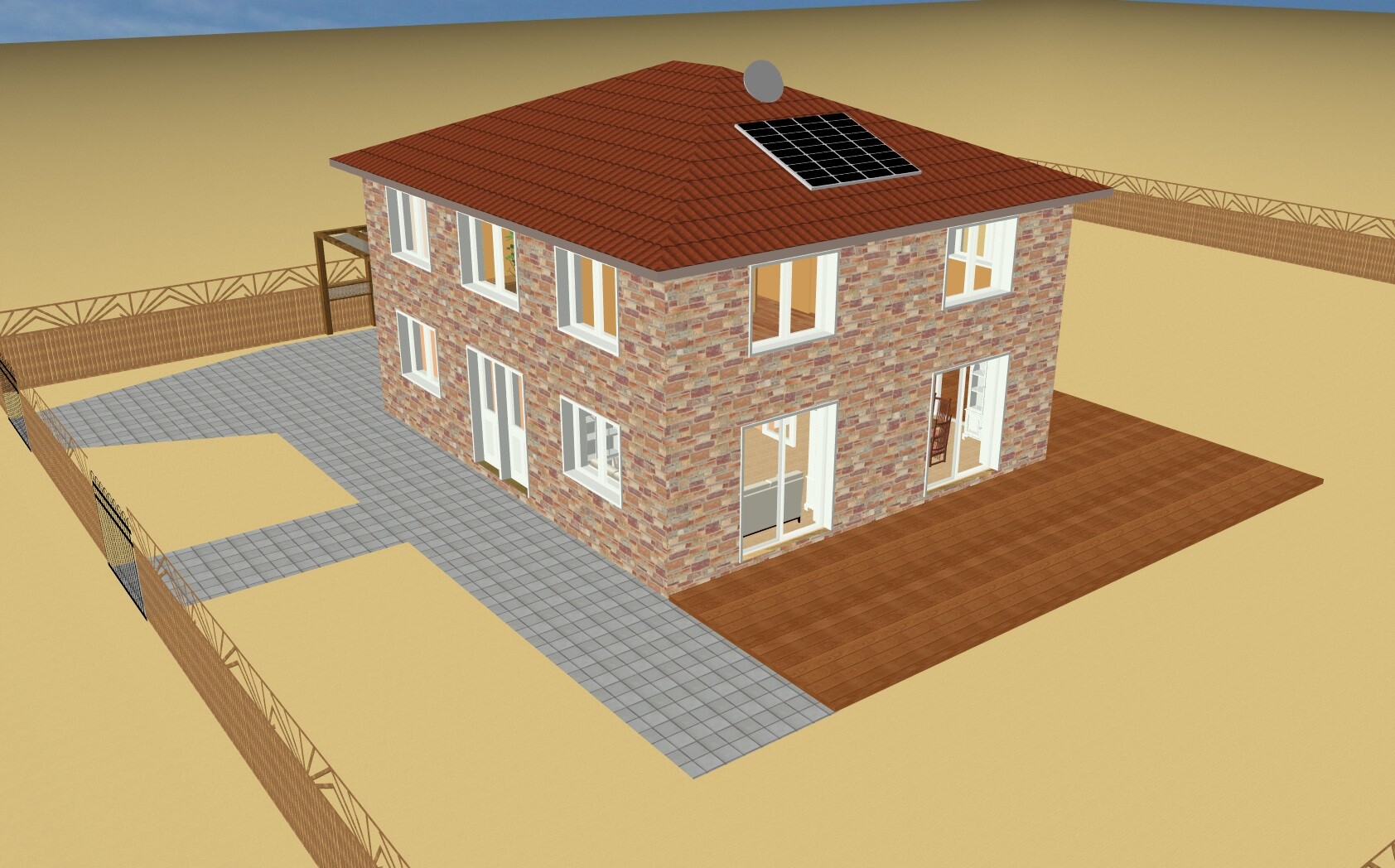 Zweistöckiges Ziegelhaus mit rotem Dach, Solarpanel und Satellitenschüssel, Hof mit Zaun.