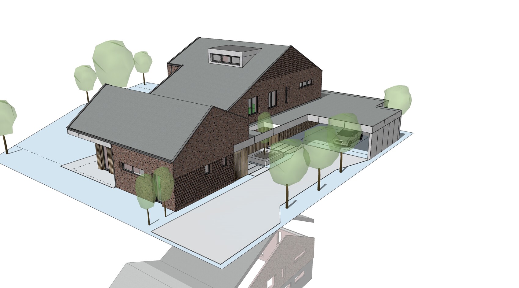 3D-Hausmodell eines Backsteinhauses mit Garten und Carport
