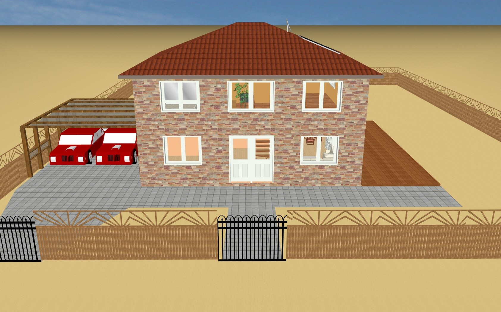 Zweistöckiges Backsteinhaus mit rotem Ziegeldach, Carport mit zwei roten Autos.