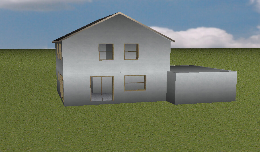 3D-Hausmodell: zweigeschossiges Einfamilienhaus mit Garage auf grasigem Gelände