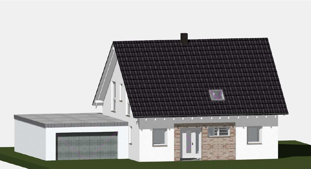 3D-Hausmodell eines Einfamilienhauses mit Satteldach, Garage und Eingangsbereich