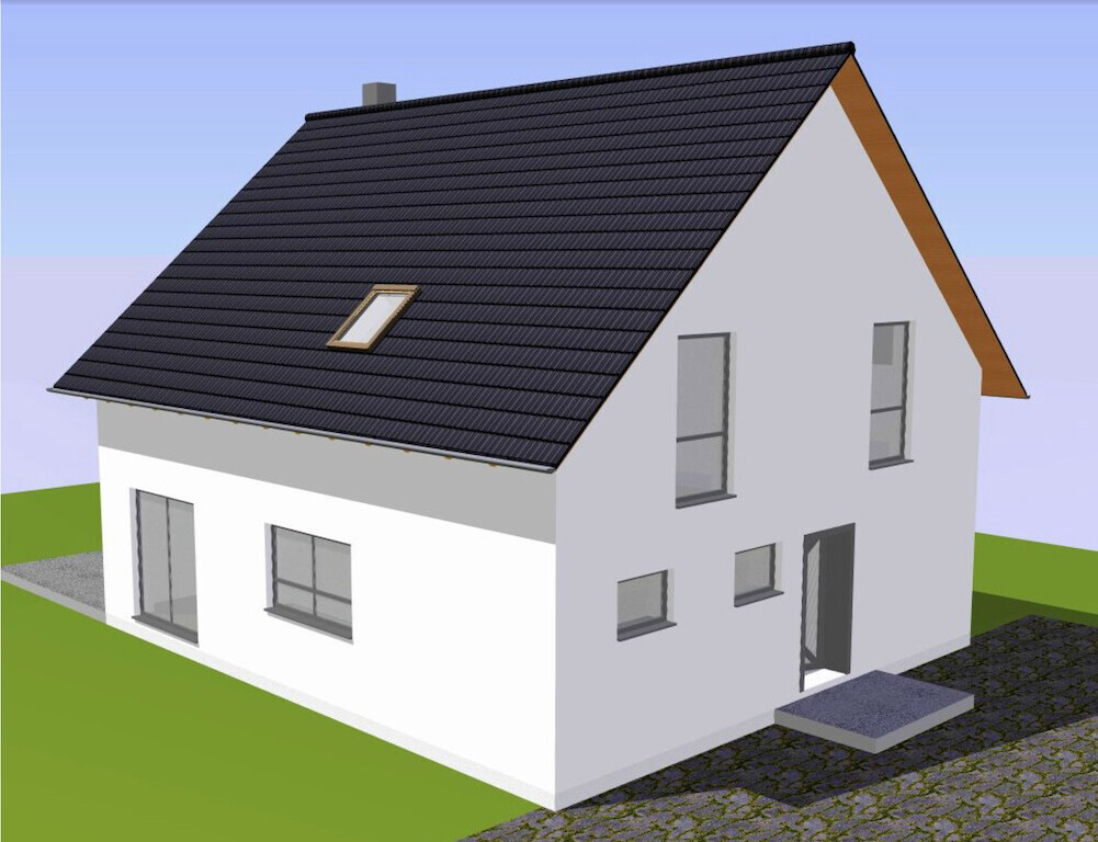 Modernes weißes Einfamilienhaus mit dunklem Satteldach, Fensterfronten und Eingangstreppe.