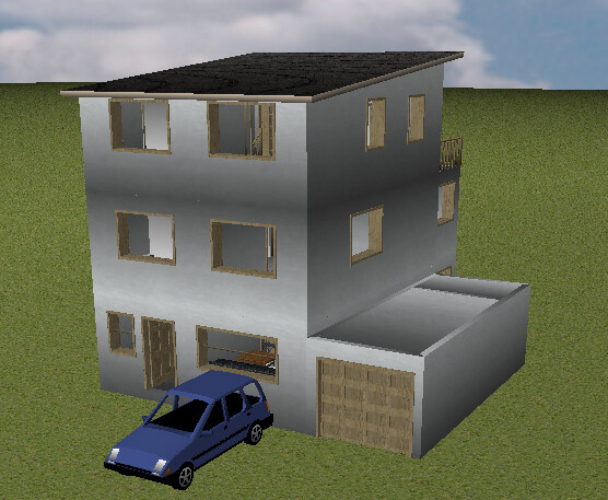 Mehrstöckiges graues Haus mit Flachdach, Garage und blauem Auto davor.