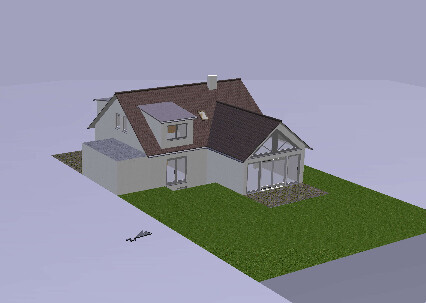3D-Modell eines Einfamilienhauses mit grünem Garten und Garage