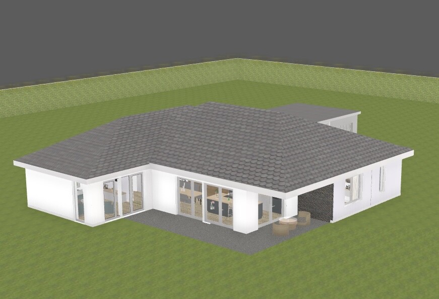 3D-Modell eines modernen Einfamilienhauses mit großen Glasfronten, Terrasse und Garten