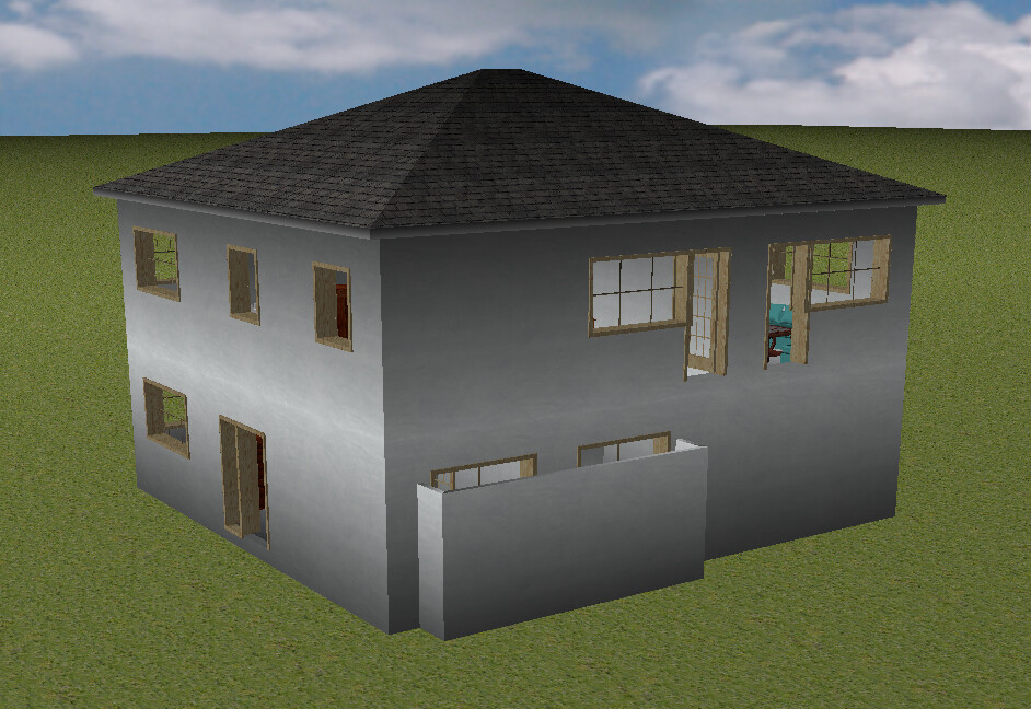 Zweistöckiges graues Haus auf Grünfläche, Wände offen, Innenraum mit Tür sichtbar.