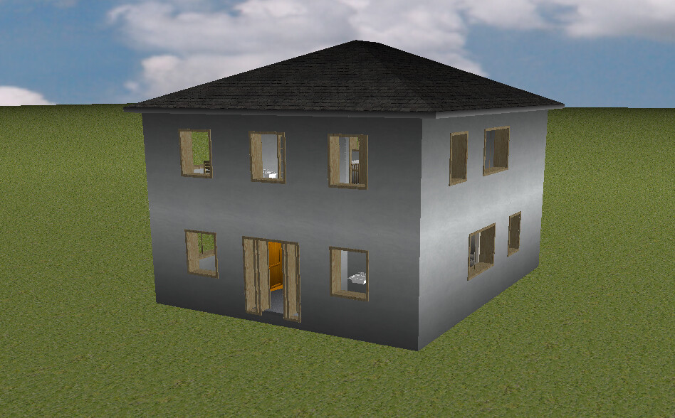 Zweistöckiges graues Haus mit dunklem Dach auf grünem Gras; offene Tür und Fenster.