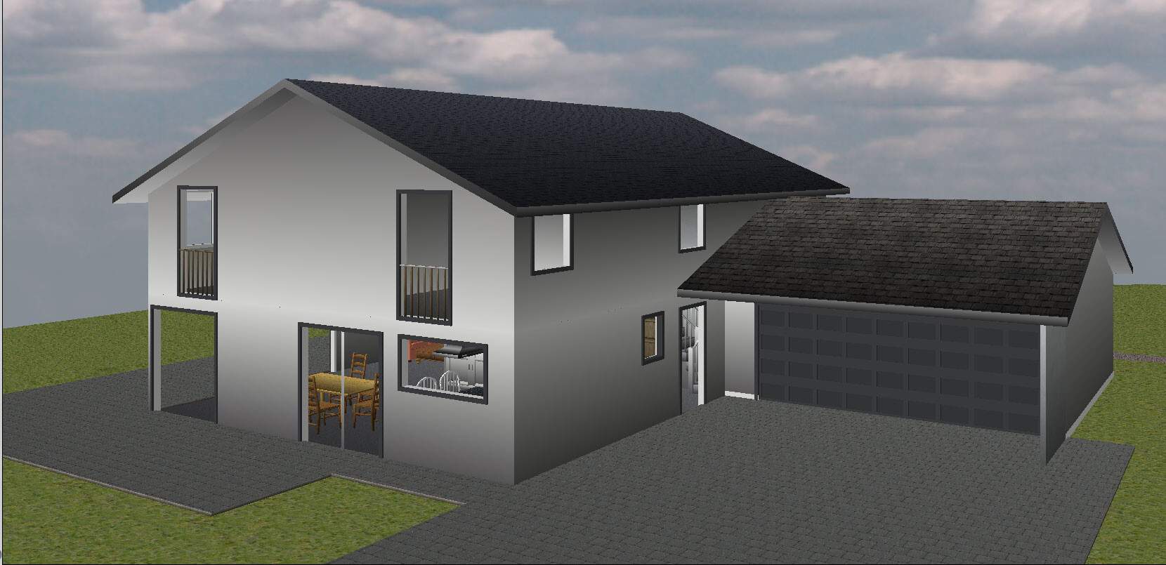 3D-Hausmodell außenansicht mit Garage, Zufahrt und grauer Fassade