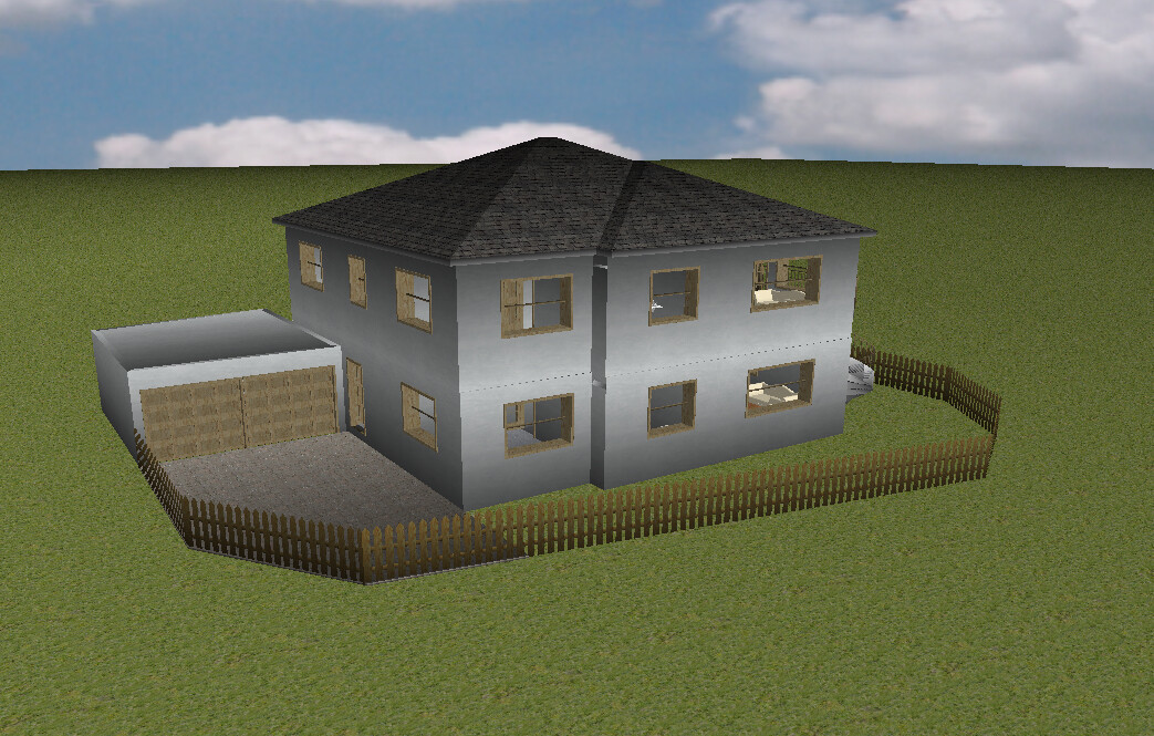 Zweistöckiges graues Haus mit Garage links, Holzzaun um grünes Grundstück.