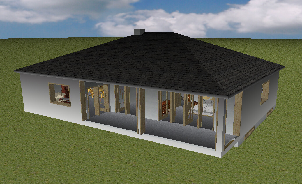 3D-Hausmodell mit Außenfassade und sichtbaren Innenrahmen