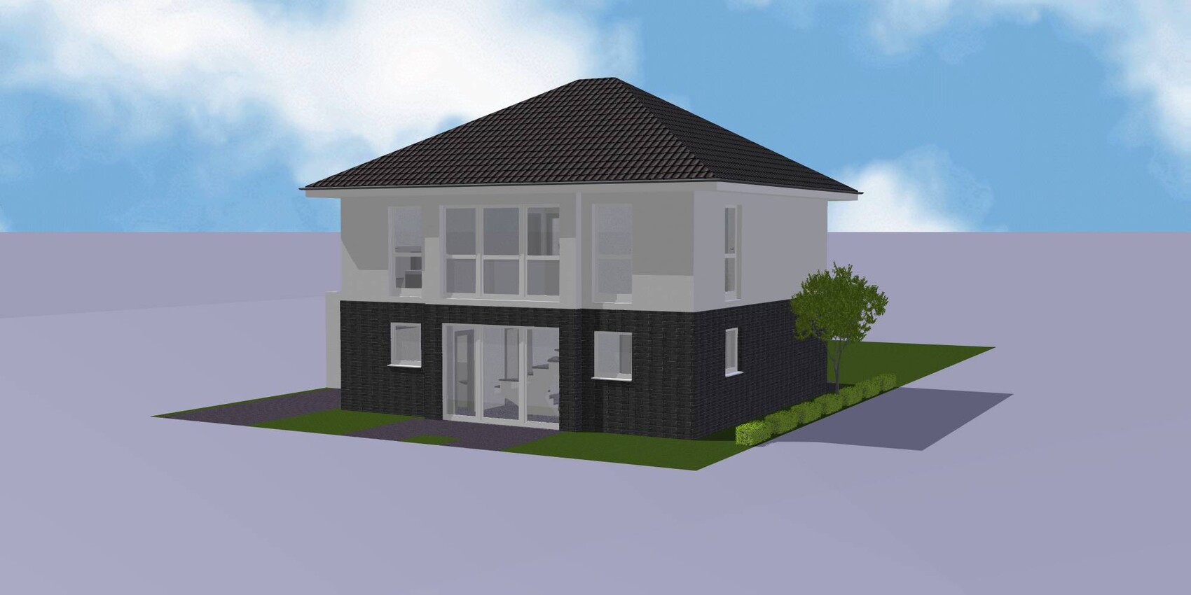 Modernes zweistöckiges Haus mit dunklem Sockel, großen Fenstern, grünem Garten und Baum rechts