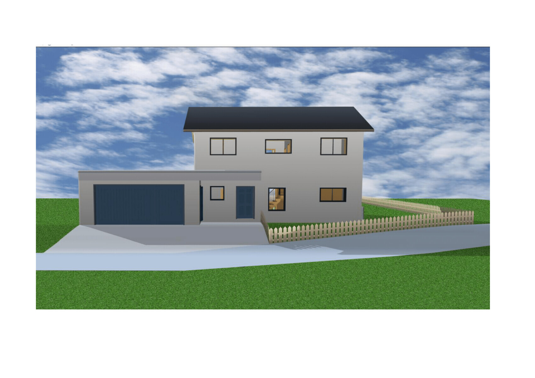 Zweistöckiges Haus mit Garage, Holzzaun und grünem Garten vor blauem Himmel.