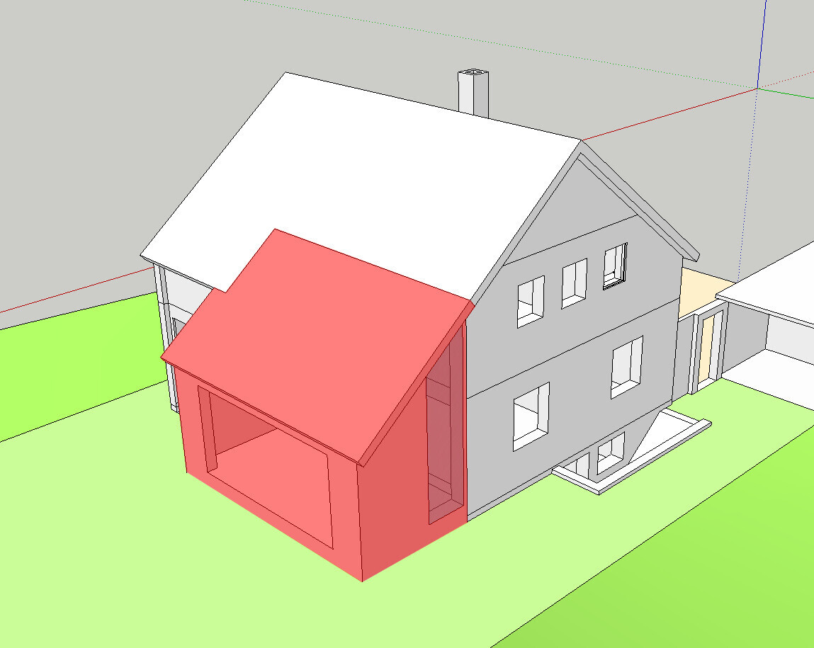 3D-Hausmodell: graues zweistöckiges Haus mit rotem Vorbau am Eingang auf grünem Garten.