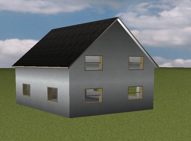 Graues zweistöckiges Haus mit schwarzem Satteldach, Fenster und grüner Rasen unter blauem Himmel.