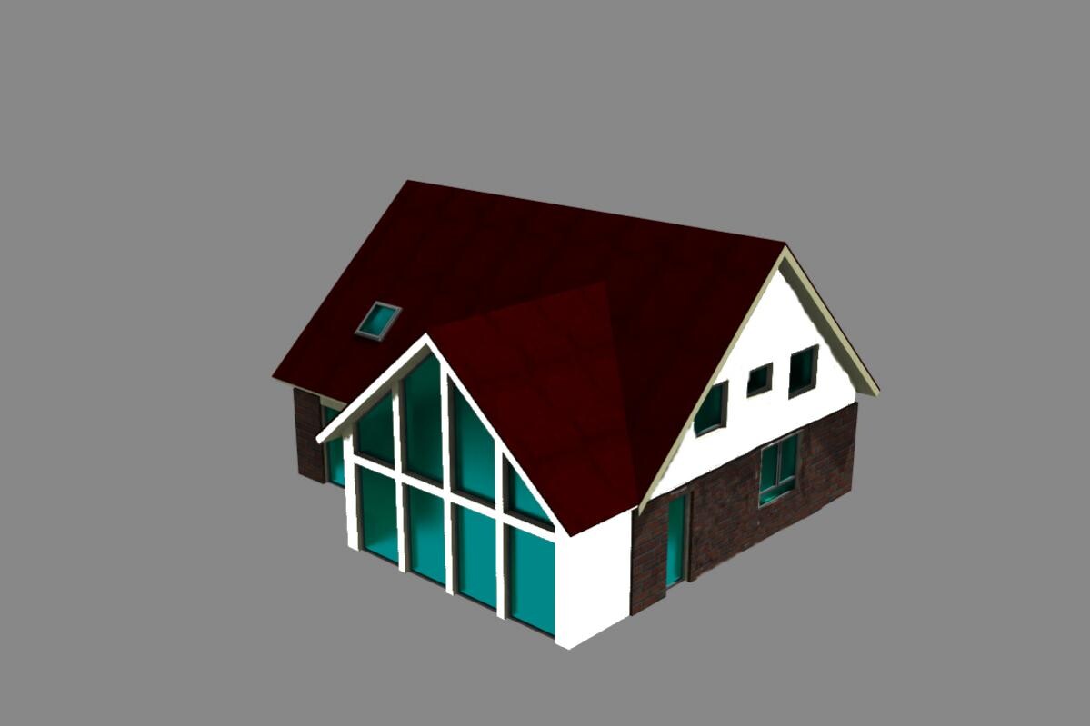 3D-Hausmodell mit rotem Satteldach, weißem Fachwerk und großer Glasfront.