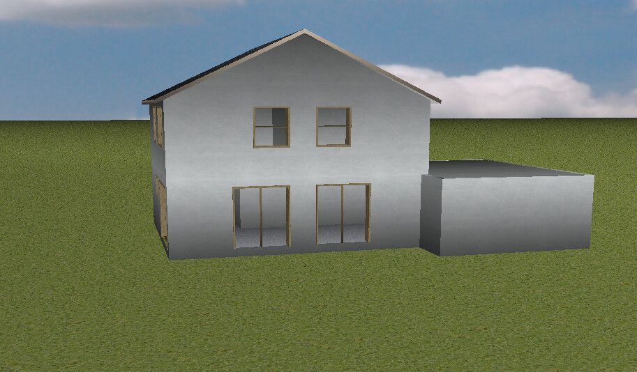 Haus mit zweistöckigem Vorderbau, graue Fassade, Glastüren und Anbau auf Gras.