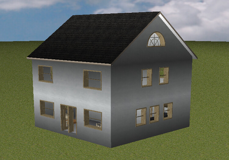 Zweistöckiges graues Haus mit schwarzem Satteldach, Fenstern auf Grasfläche.