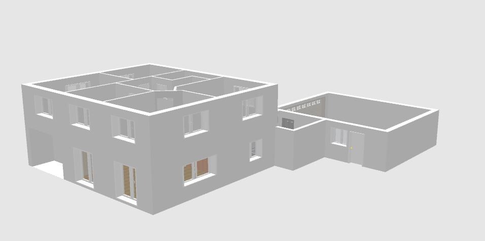 3D-Ansicht eines grauen Gebäudekomplexes mit Anbau und mehreren Fenstern.