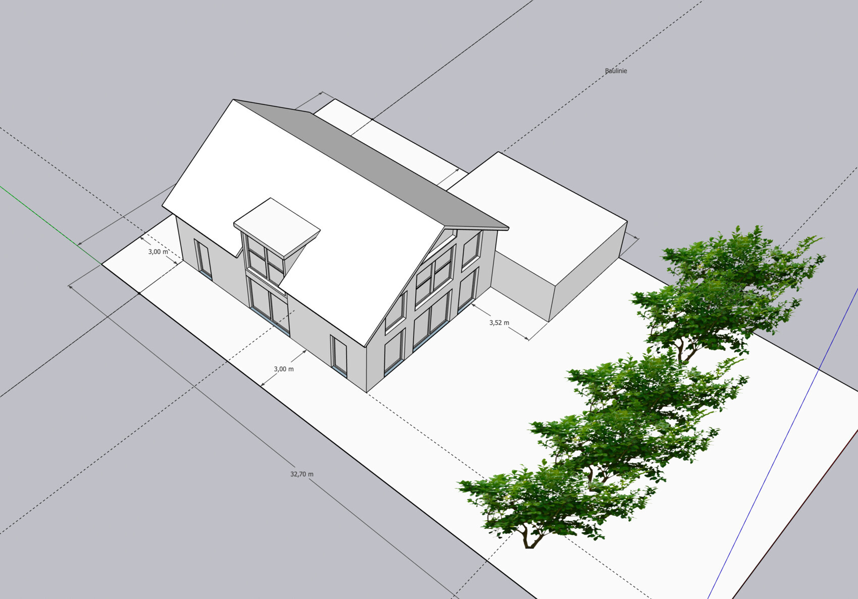 3D-Render: modernes Haus mit Satteldach, großen Fenstern, Anbau und Bäumen im Garten