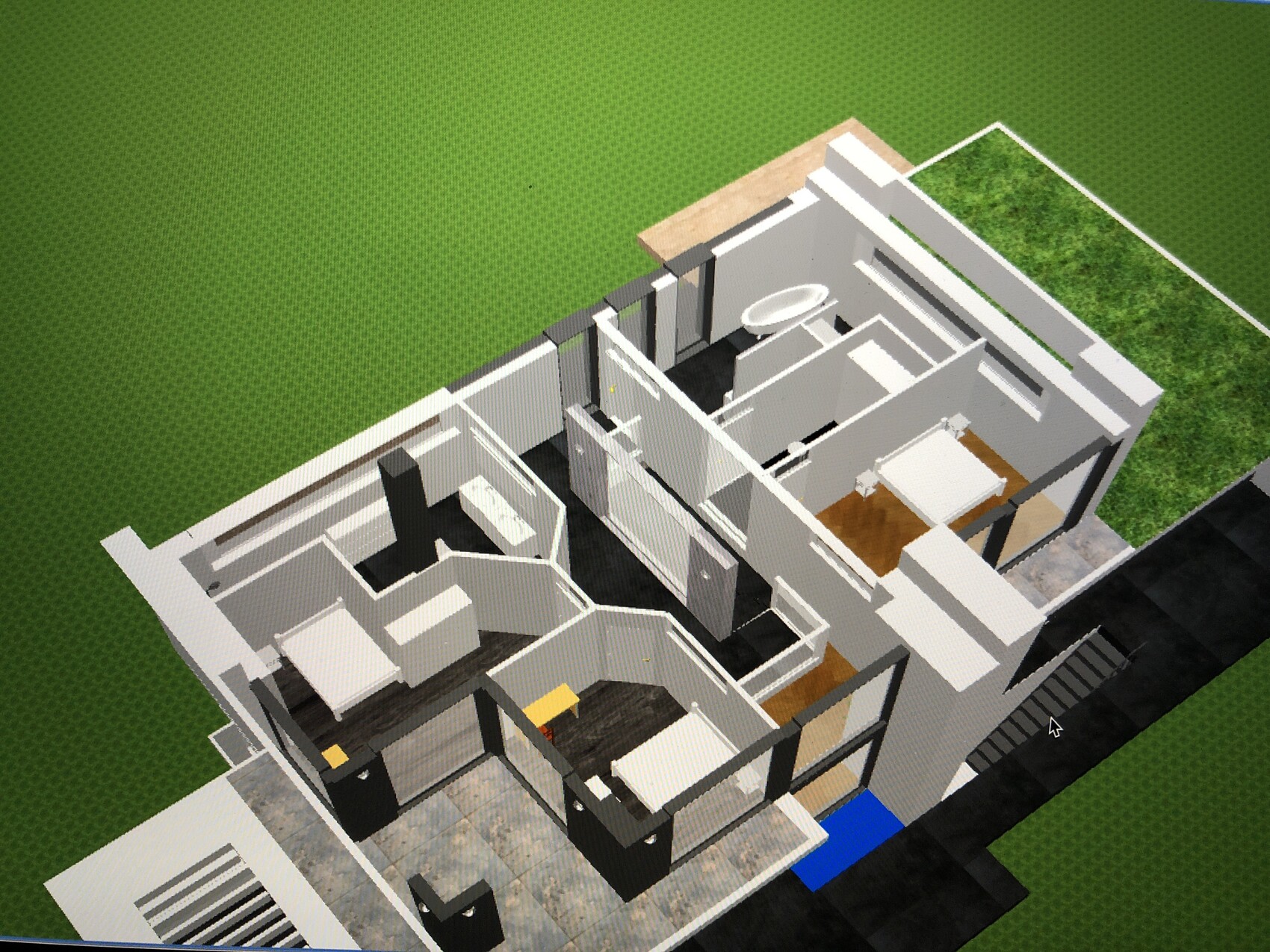 3D-Hausmodell mit Grundriss, sichtbaren Innenräumen und grünem Garten im Hintergrund