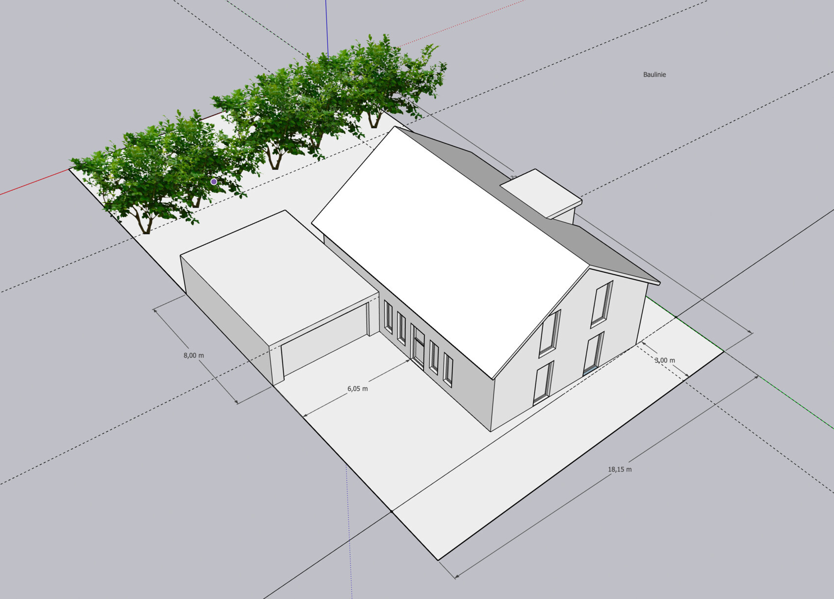 3D-Modell eines Hauses mit Satteldach, Anbau-Garage, Hof und Baumreihe am Grundstückrand
