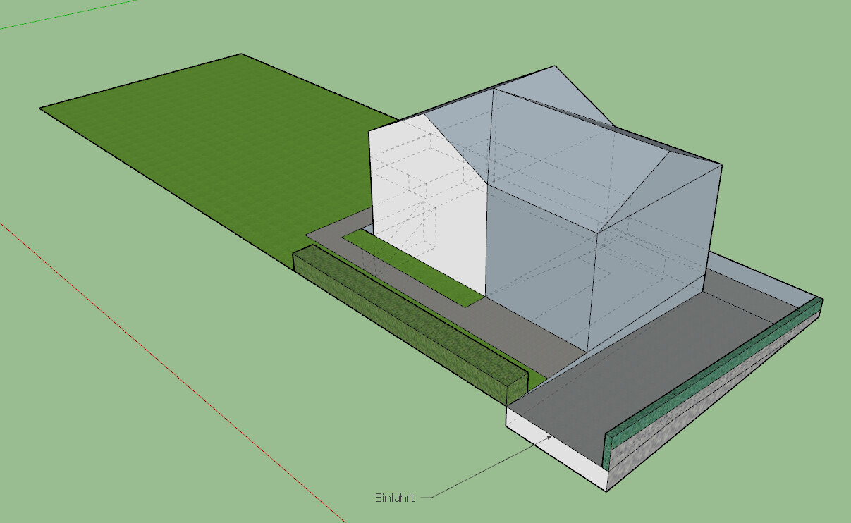 3D-Hausmodell auf Grundstück mit Zufahrt, Vorgarten und Grasfläche