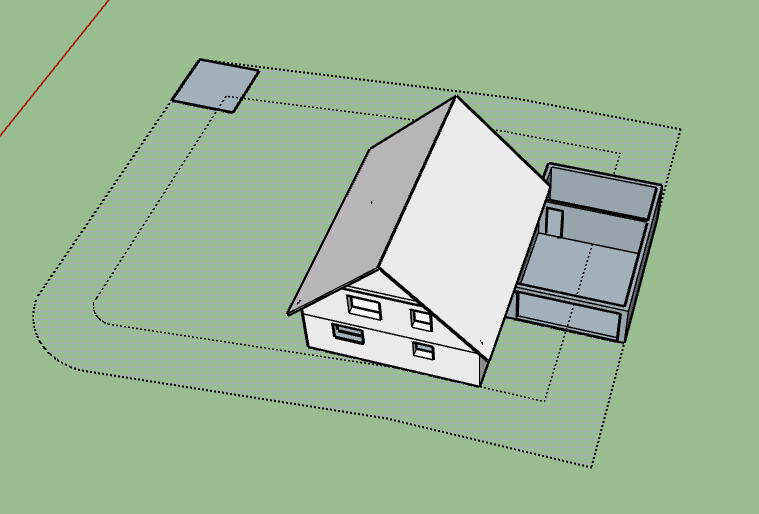 3D-Isometrie: Haus mit Satteldach, Garage rechts, Grundstücksgrenze sichtbar.
