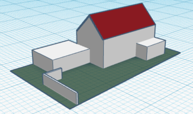 3D-Modell eines Hauses mit rotem Dach und Nebengebäuden auf grünem Grundstück