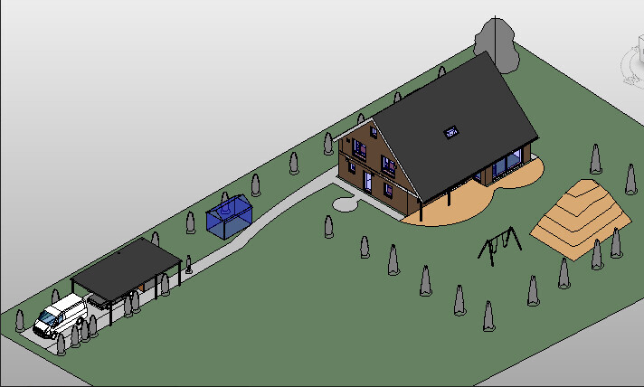Isometrische 3D-Ansicht eines Hauses mit Garten, Zufahrt und Garage