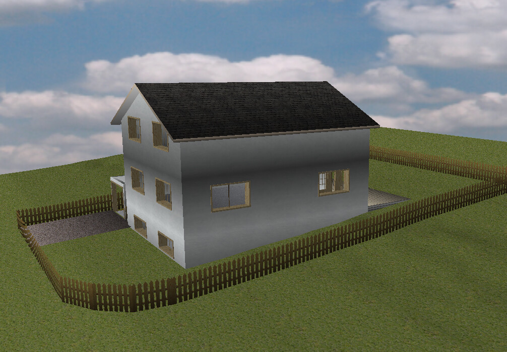 Zweistöckiges graues Haus mit dunklem Satteldach, von Holzzäunen umgeben, auf grünem Feld.