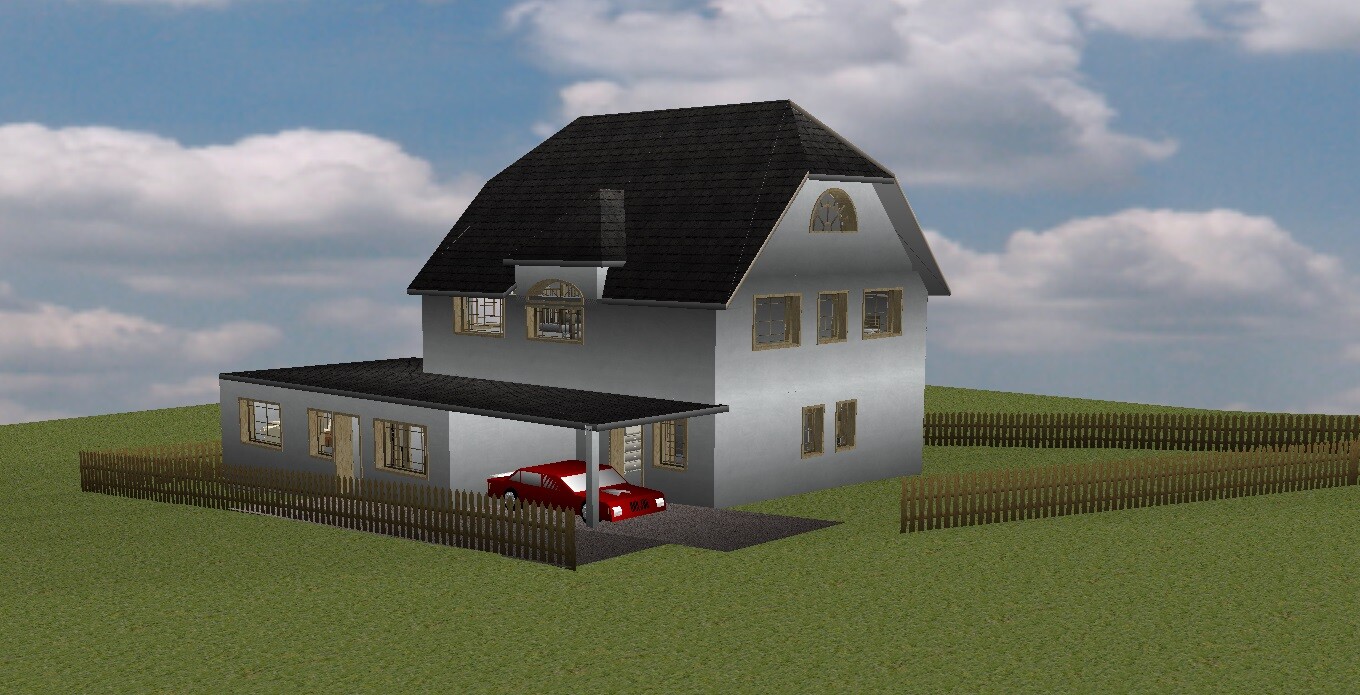Zweistöckiges Haus mit Carport und rotem Auto, eingezäunter Hof auf grünem Rasen.
