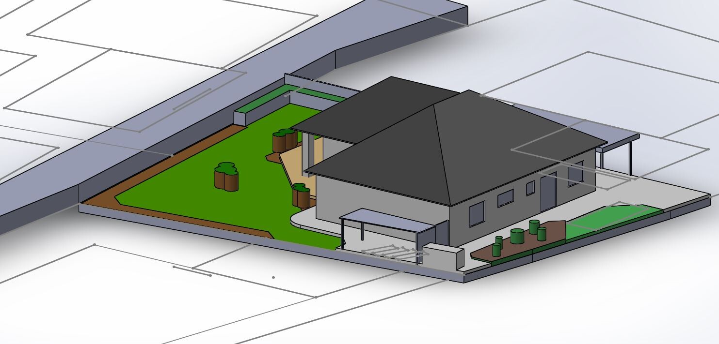 3D-Render eines modernen Einfamilienhauses mit Garten, Terrasse und Zufahrt
