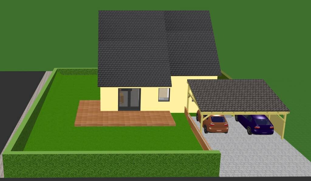 Vogelperspektive: Gelbes Einfamilienhaus mit dunklem Ziegeldach, Carport und zwei Autos im Garten.