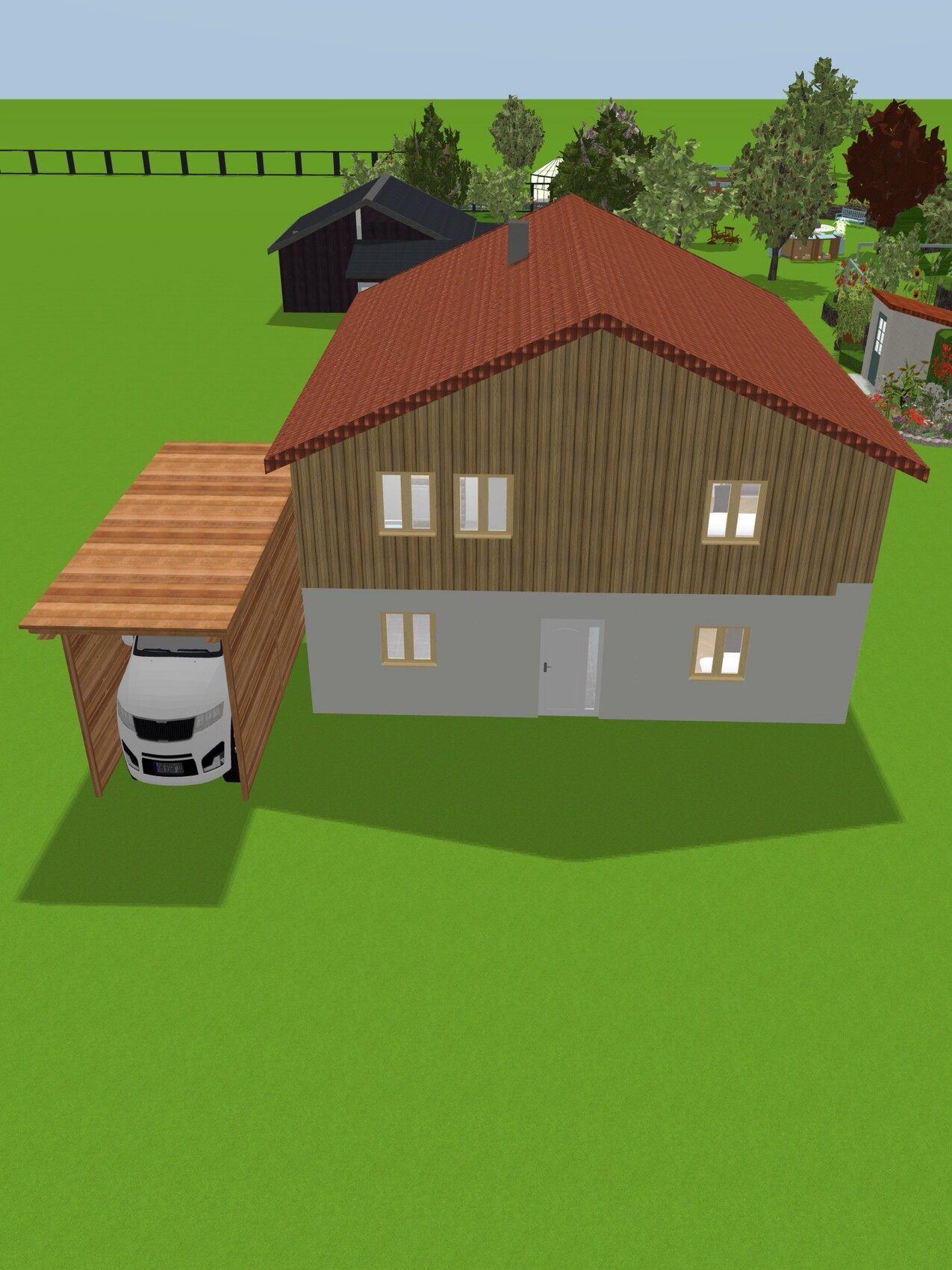 Zweistöckiges Holzhaus mit rotem Dach, Carport mit Auto, grüne Wiese und Bäume