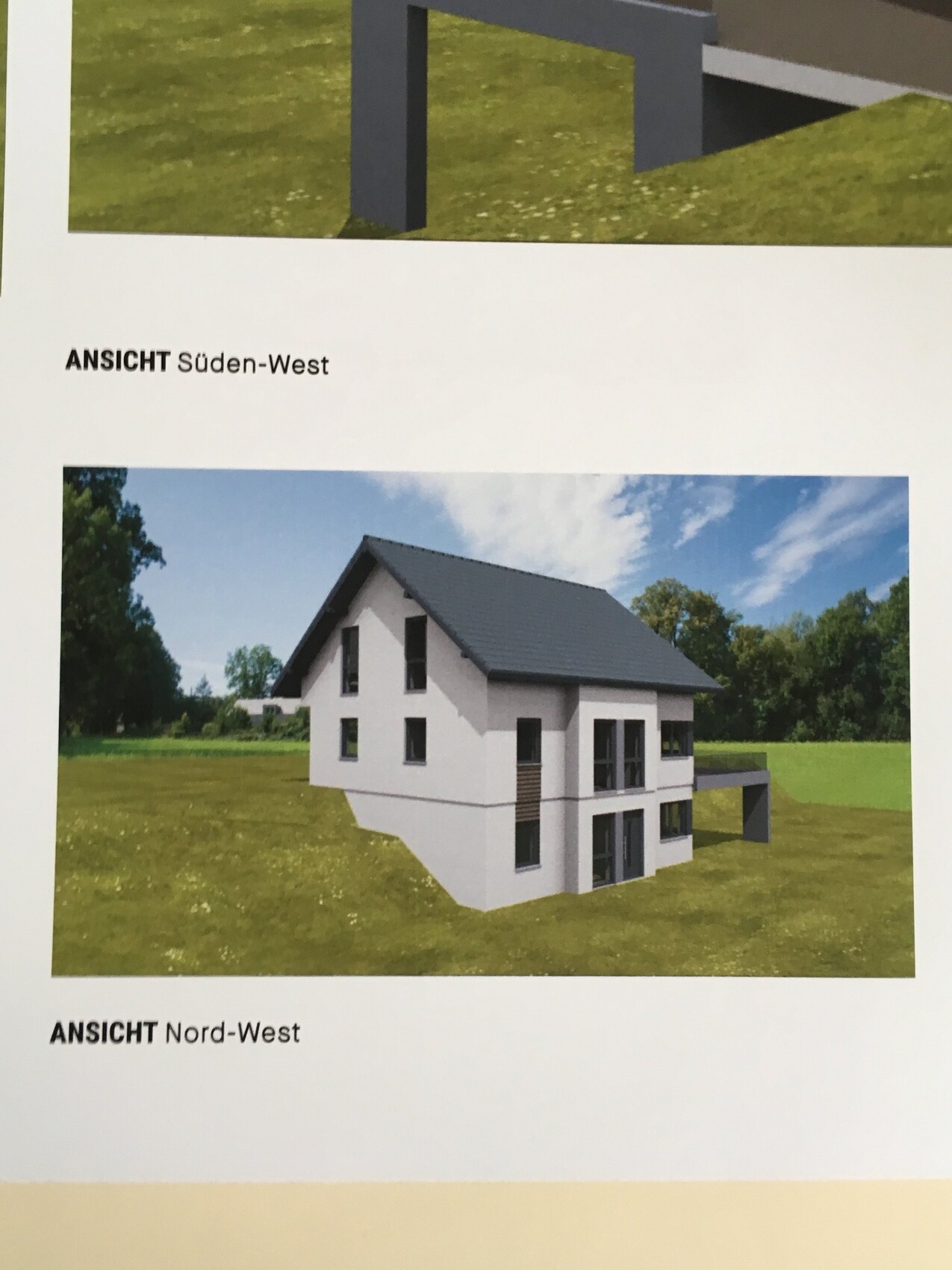 3D-Hausmodell im Gruenen, Ansicht Sueden-West eines modernen Hauses