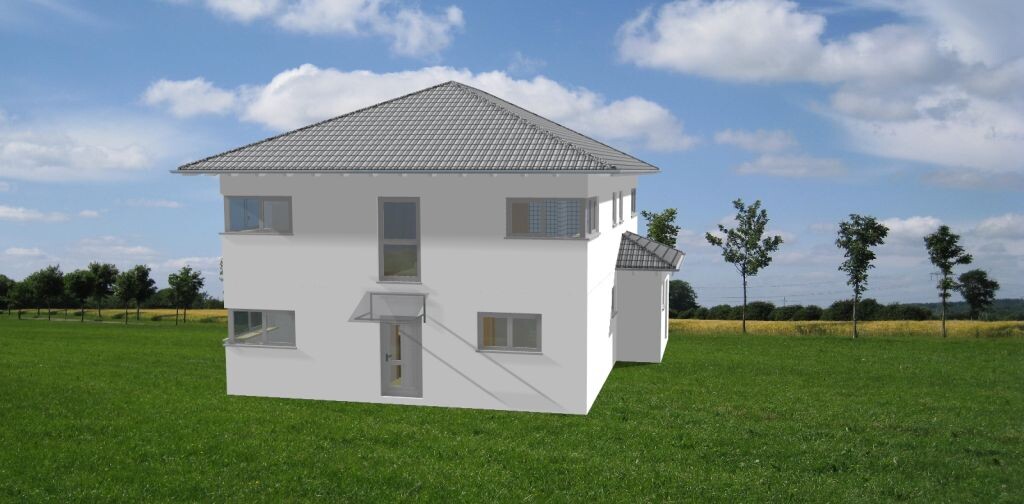 3D-Hausmodell auf grünem Feld mit Bäumen und Himmel