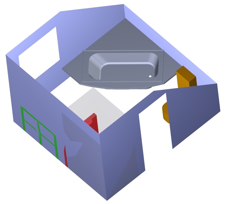 Isometrische 3D-Darstellung eines Hauses mit Bad und Tür