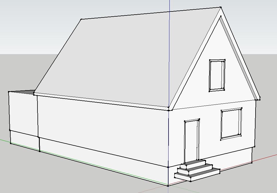 3D-Hausmodell in Linienzeichnung mit Dach, Tür und Fenstern, einfache Architektenvisualisierung
