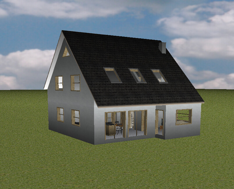 3D-Rendering: graues Haus mit dunklem Satteldach, Dachfenstern und offener Eingang auf grünem Rasen.
