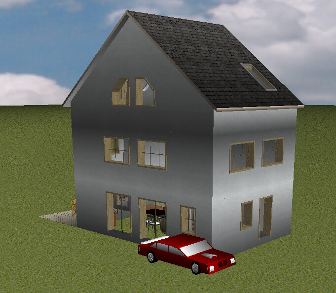 Zweistöckiges Haus mit Satteldach, grauer Fassade, vielen Fenstern und rotem Auto davor auf grünem Rasen.
