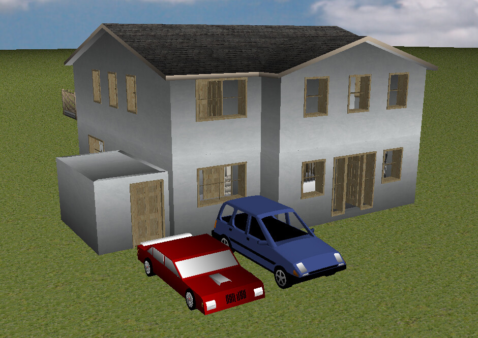 Zweistöckiges graues Haus mit Holzfenstern; roter Sportwagen und blauer Wagen davor auf Gras.